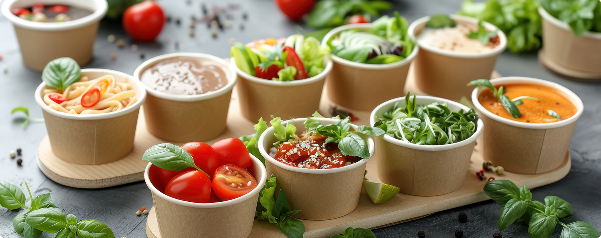 Fresh salads, soups and healthy foods in eco-friendly kraft paper cups